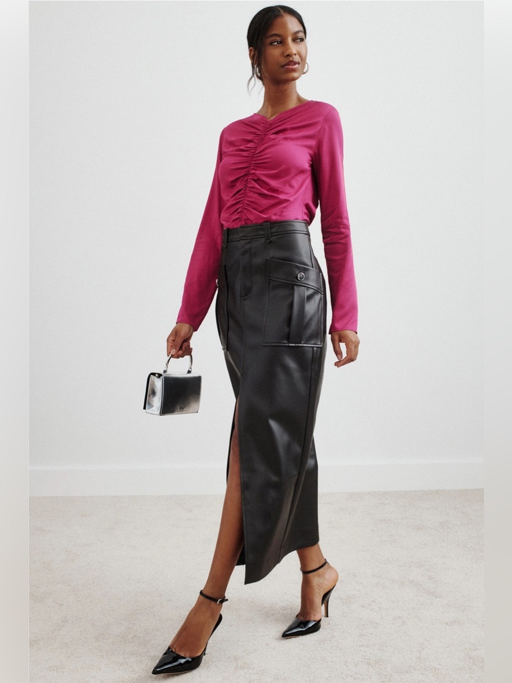 High-Slit Faux Leather Midi Skirt - Black